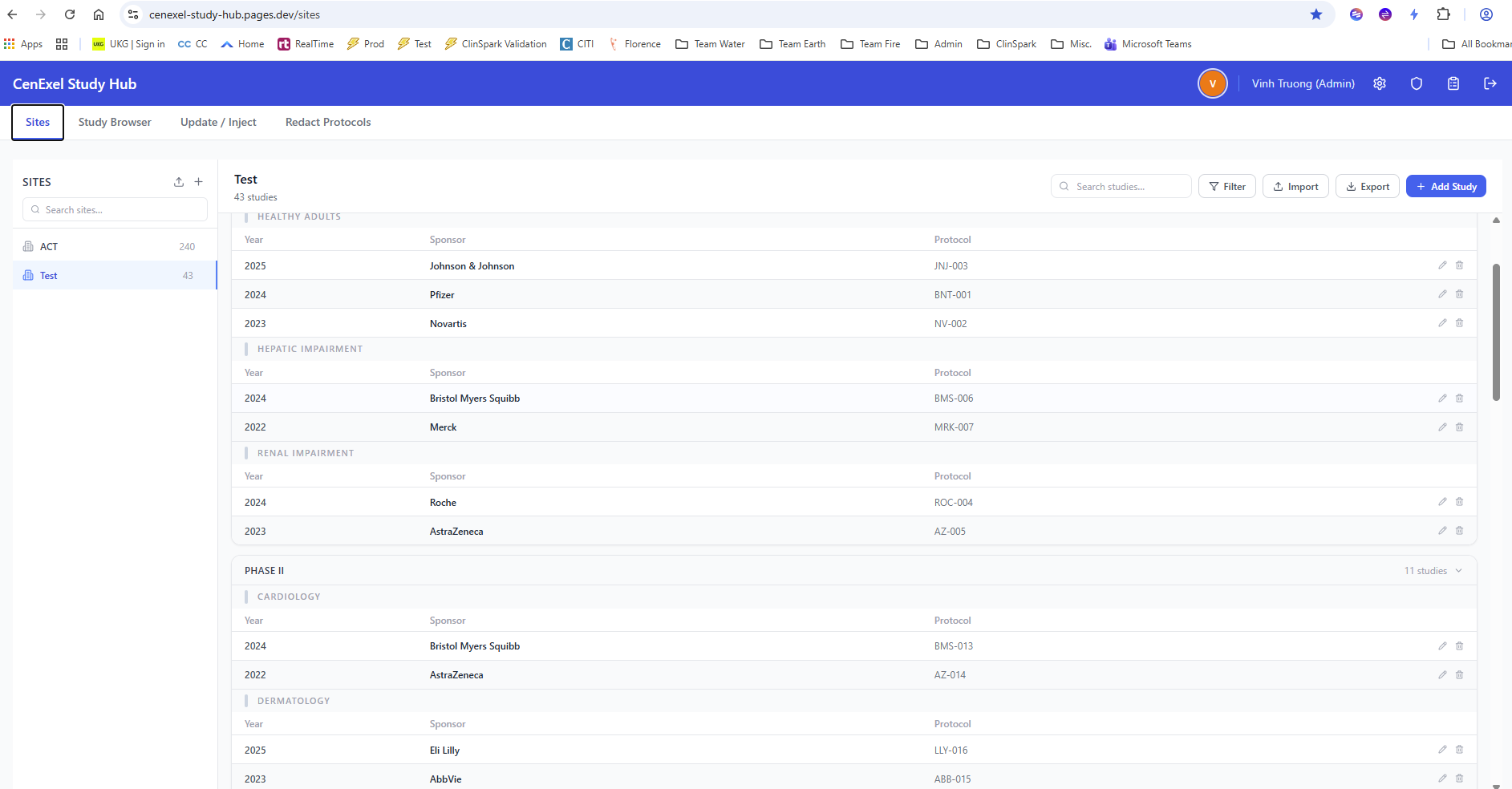 Screenshot of the Curriculum Vitae Web application showing the Sites Dashboard with a list of clinical sites and study counts